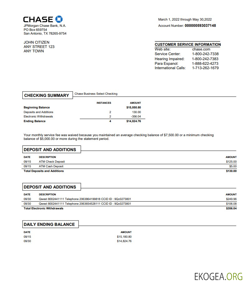 Modèle Word et PDF de relevé bancaire USA Chase, version 3
